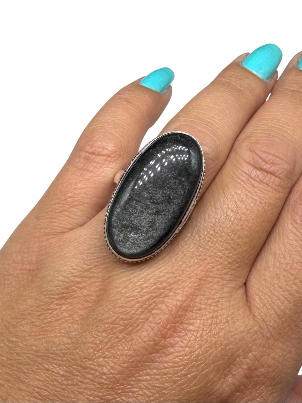 Silver Sheen Black Obsidian Ring Size 10.5 925 Sterling Silver Overlay